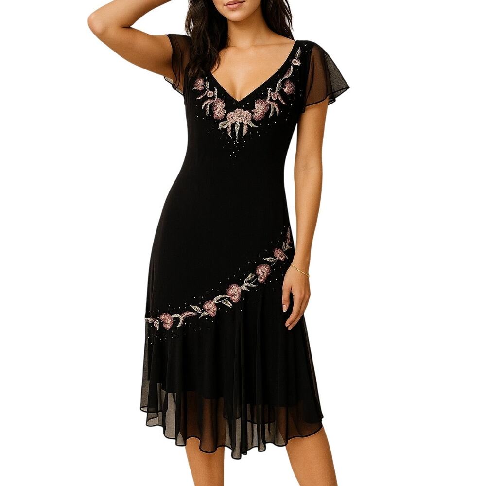 S.L. Fashions Vintage Whimsigoth Fairy Grunge Black Beaded Tulle Trim Dress sz 8